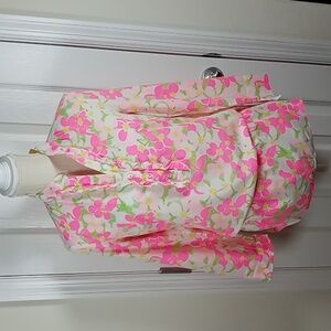 Lilly Pulitzer Pink Flamingo Roll Tab Sleeve V-Neck Ruffle Drawstring Drop Waist